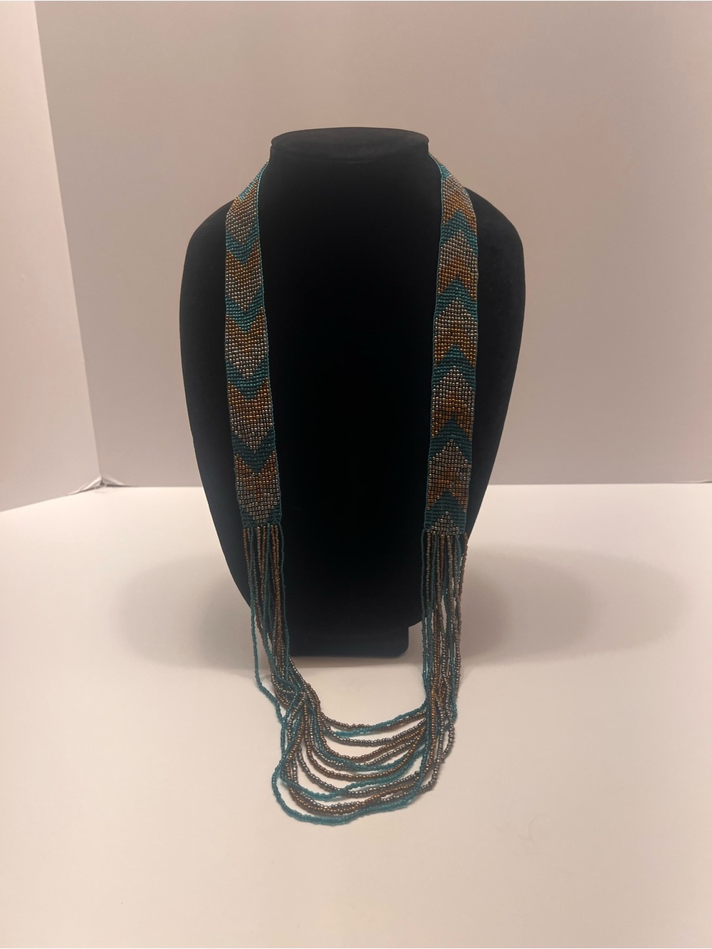 Teal and Gold Chevron Beaded Fringe Necklace